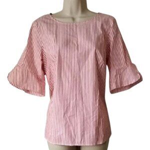 *50off3* JNY Signature Peplum-Sleeve Striped Blouse M White Red 98% Cotton